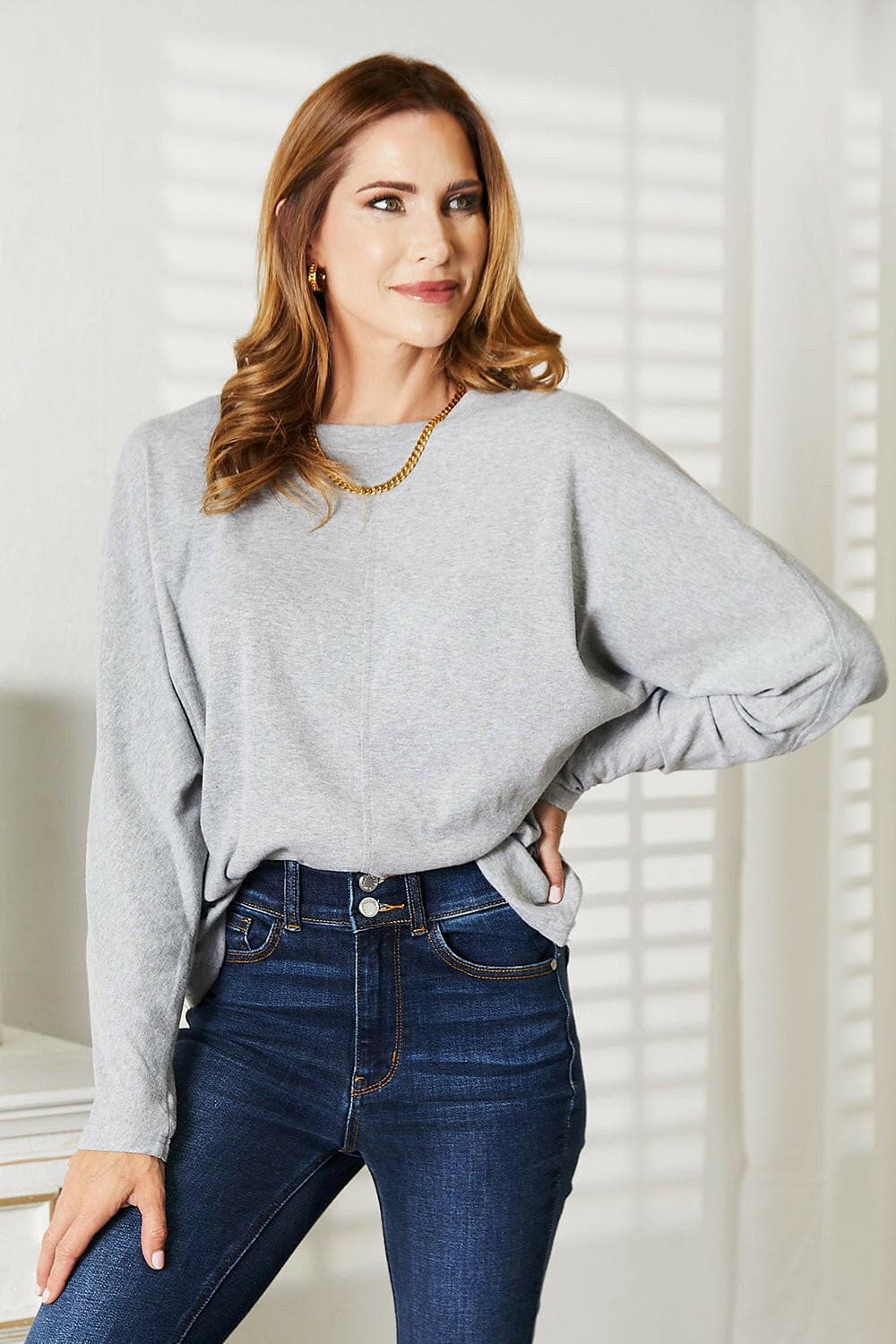 Double Take Seam Detail Round Neck Long Sleeve Top - Love Salve