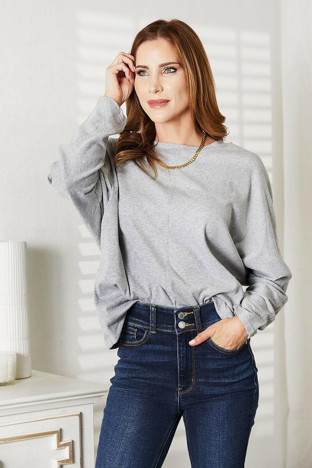 Double Take Seam Detail Round Neck Long Sleeve Top - Love Salve