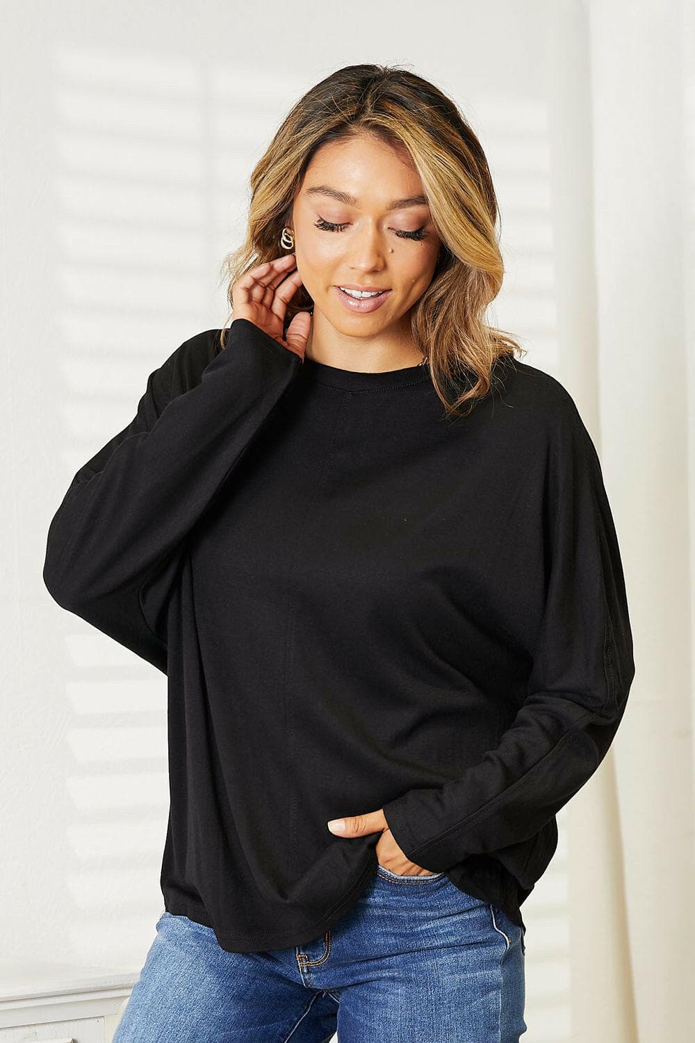 Double Take Seam Detail Round Neck Long Sleeve Top - Love Salve