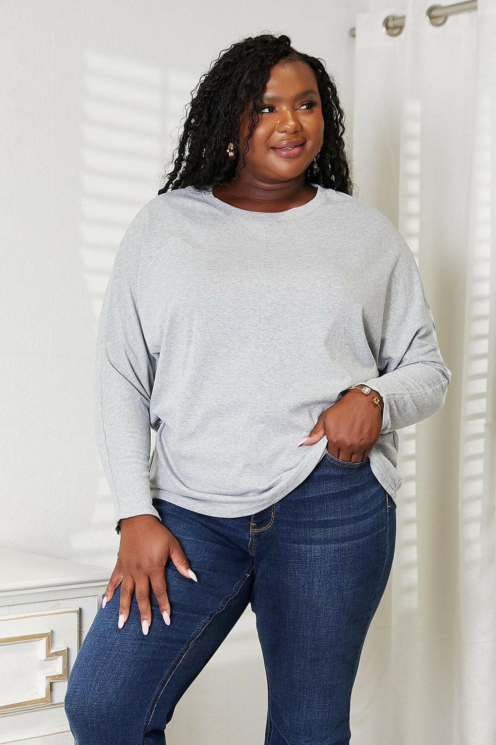 Double Take Seam Detail Round Neck Long Sleeve Top - Love Salve