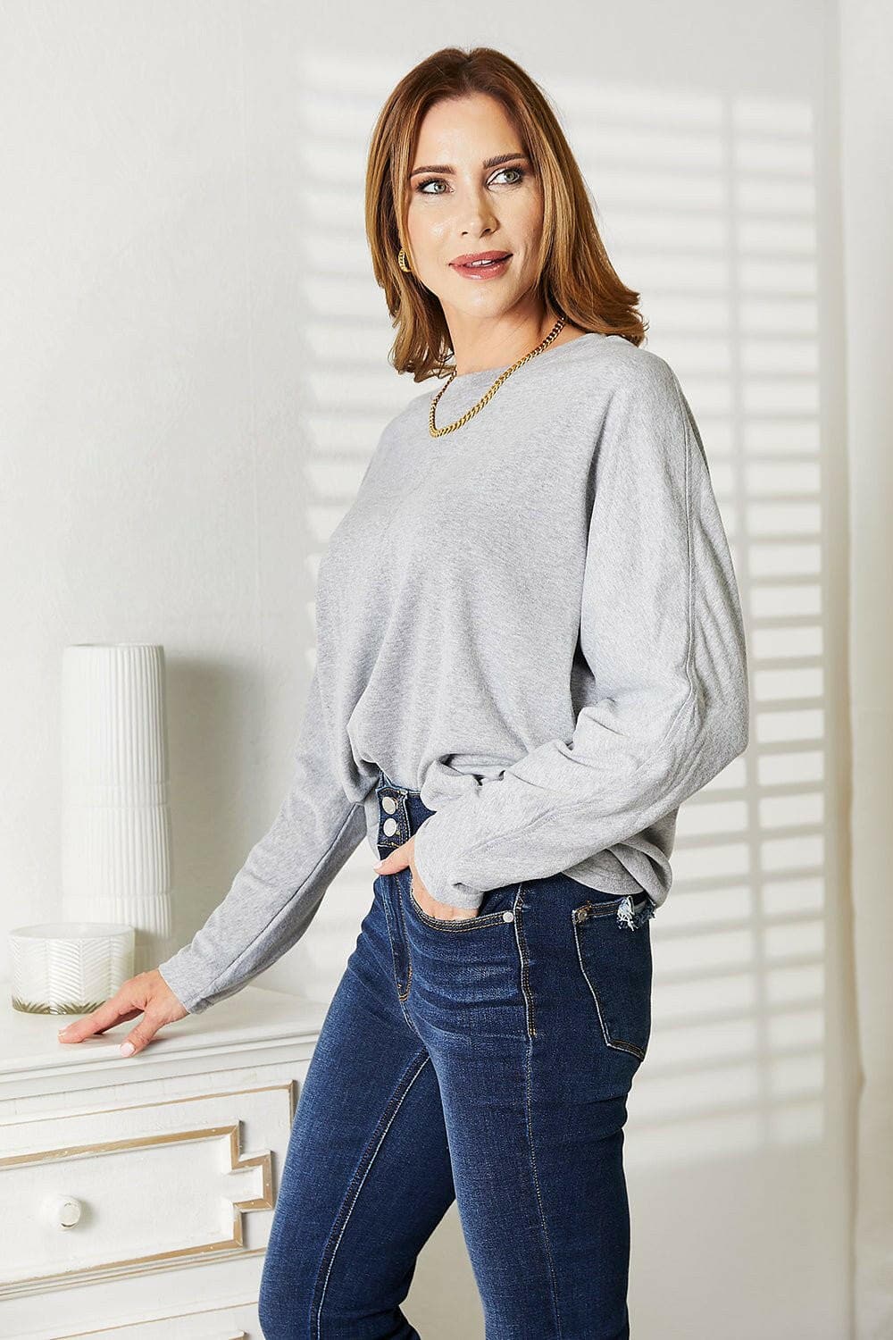 Double Take Seam Detail Round Neck Long Sleeve Top - Love Salve