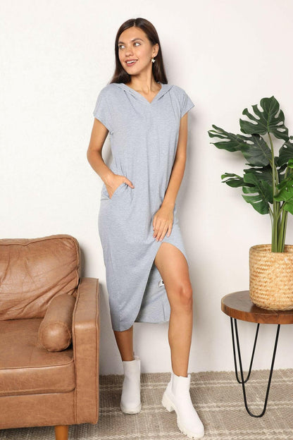 Double Take Short Sleeve Front Slit Hooded Dress - Love Salve