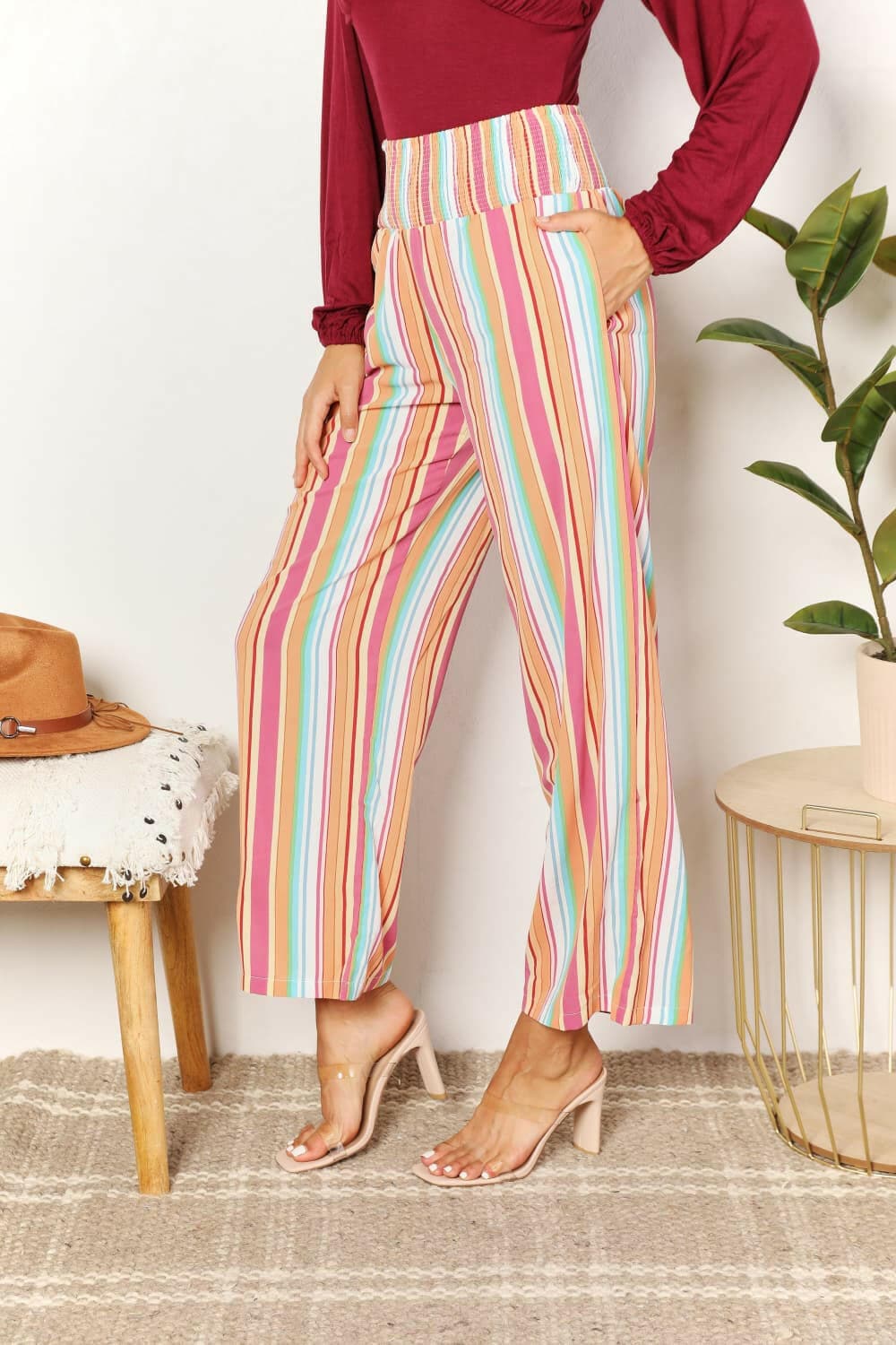 Double Take Striped Smocked Waist Pants with Pockets - Love Salve