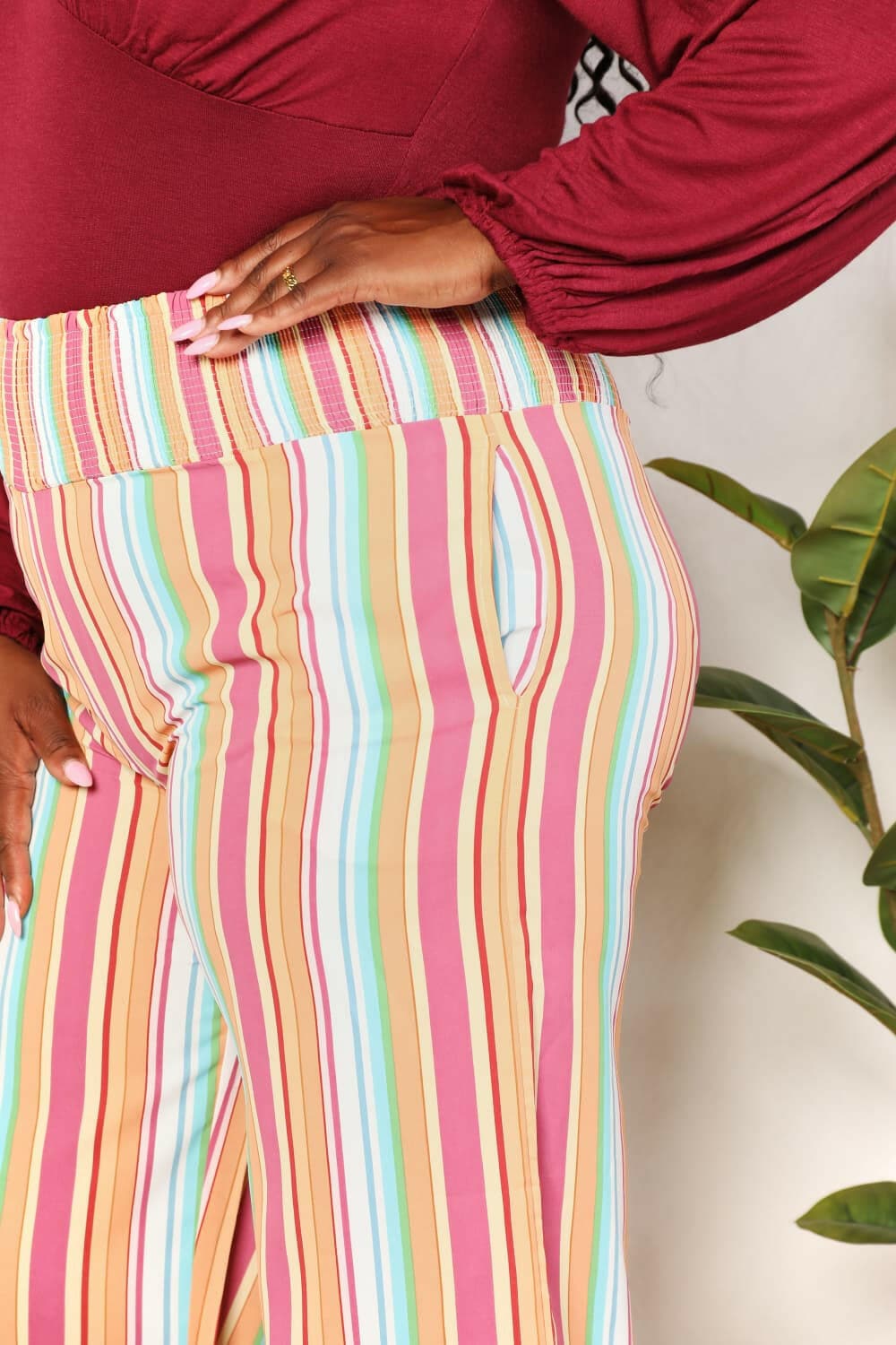 Double Take Striped Smocked Waist Pants with Pockets - Love Salve