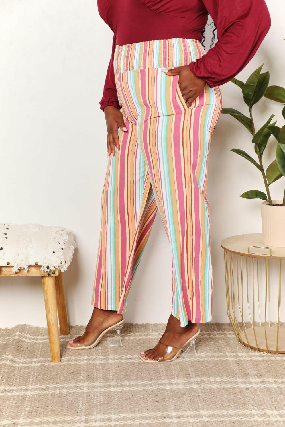 Double Take Striped Smocked Waist Pants with Pockets - Love Salve