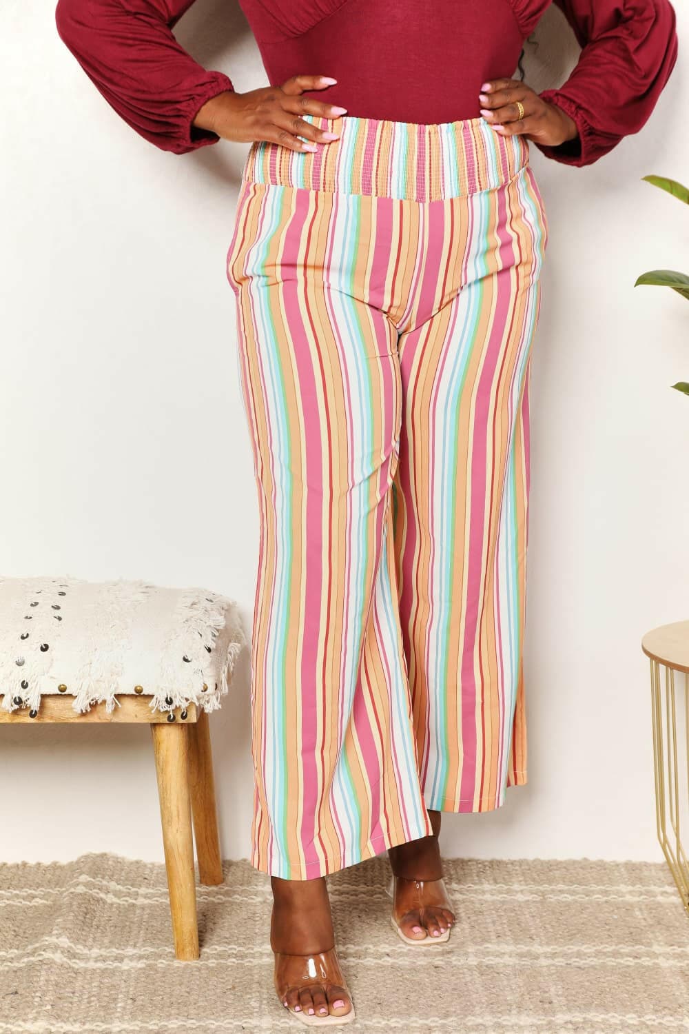 Double Take Striped Smocked Waist Pants with Pockets - Love Salve