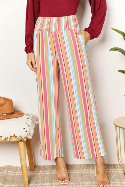 Double Take Striped Smocked Waist Pants with Pockets - Love Salve