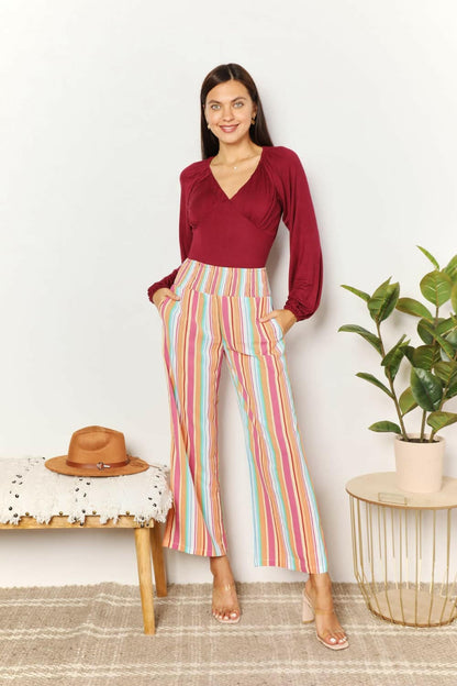 Double Take Striped Smocked Waist Pants with Pockets - Love Salve