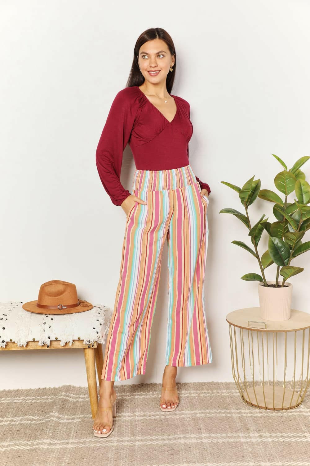 Double Take Striped Smocked Waist Pants with Pockets - Love Salve