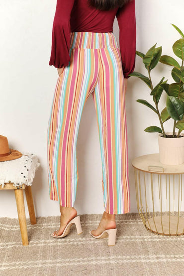 Double Take Striped Smocked Waist Pants with Pockets - Love Salve