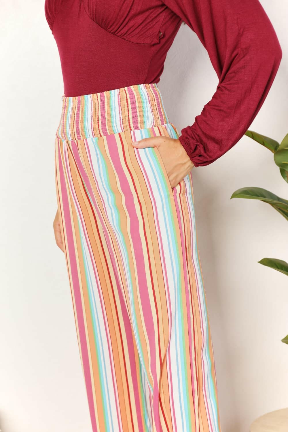 Double Take Striped Smocked Waist Pants with Pockets - Love Salve