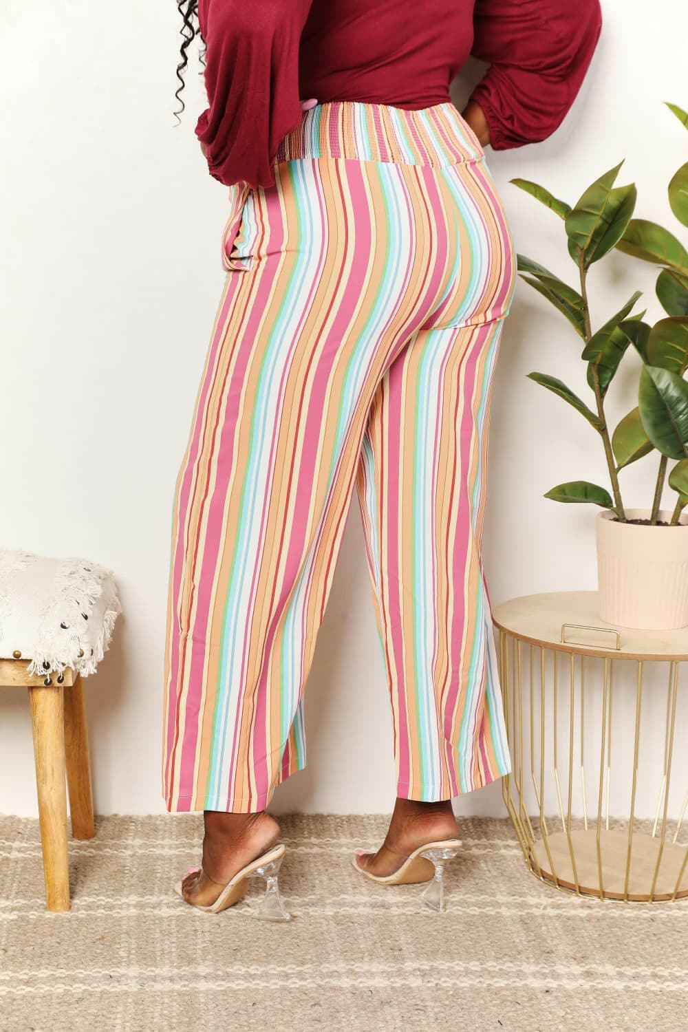 Double Take Striped Smocked Waist Pants with Pockets - Love Salve