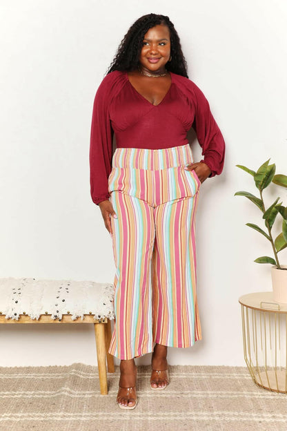 Double Take Striped Smocked Waist Pants with Pockets - Love Salve