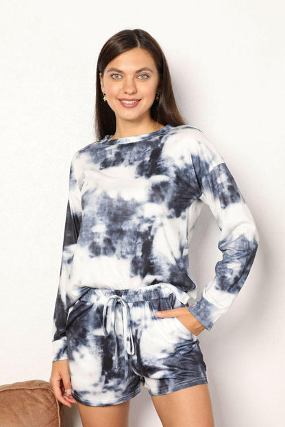 Double Take Tie-Dye Round Neck Top and Shorts Lounge Set - Love Salve