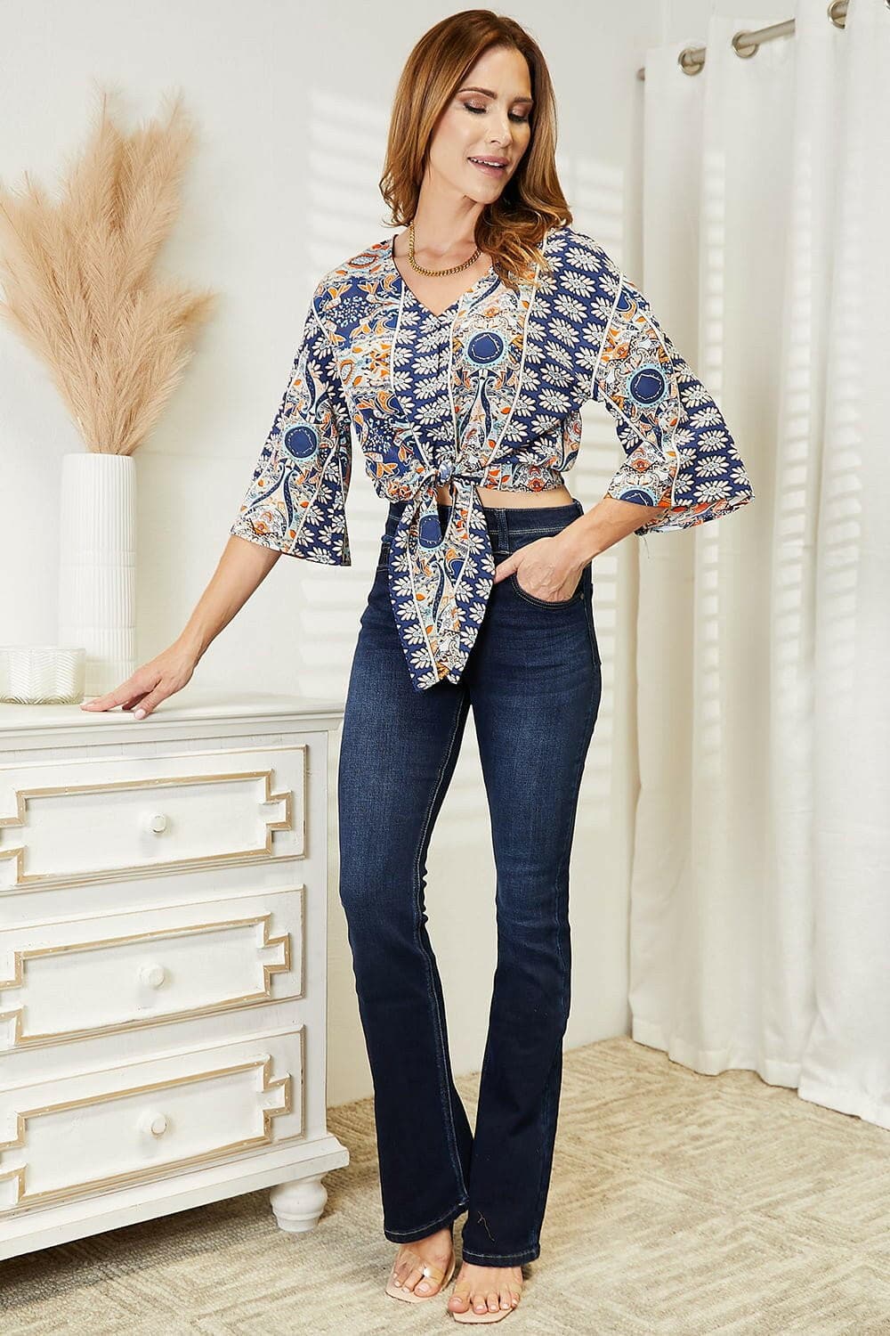 Double Take Tie Hem V-Neck Three-Quarter Sleeve Blouse - Love Salve