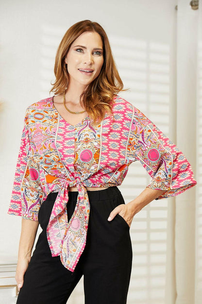 Double Take Tie Hem V-Neck Three-Quarter Sleeve Blouse - Love Salve