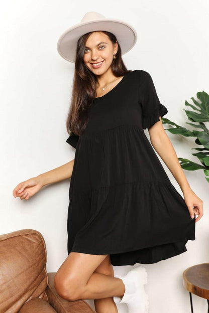 Flounce Sleeve V-Neck Tiered DressElevate Your Wardrobe with Our Flounce Sleeve V-Neck Tiered Dress
 Embrace a perfect blend of sophistication and playfulness with our Flounce Sleeve V-Neck Tiered DrLove Salve -Neck Tiered DressTIKTOK