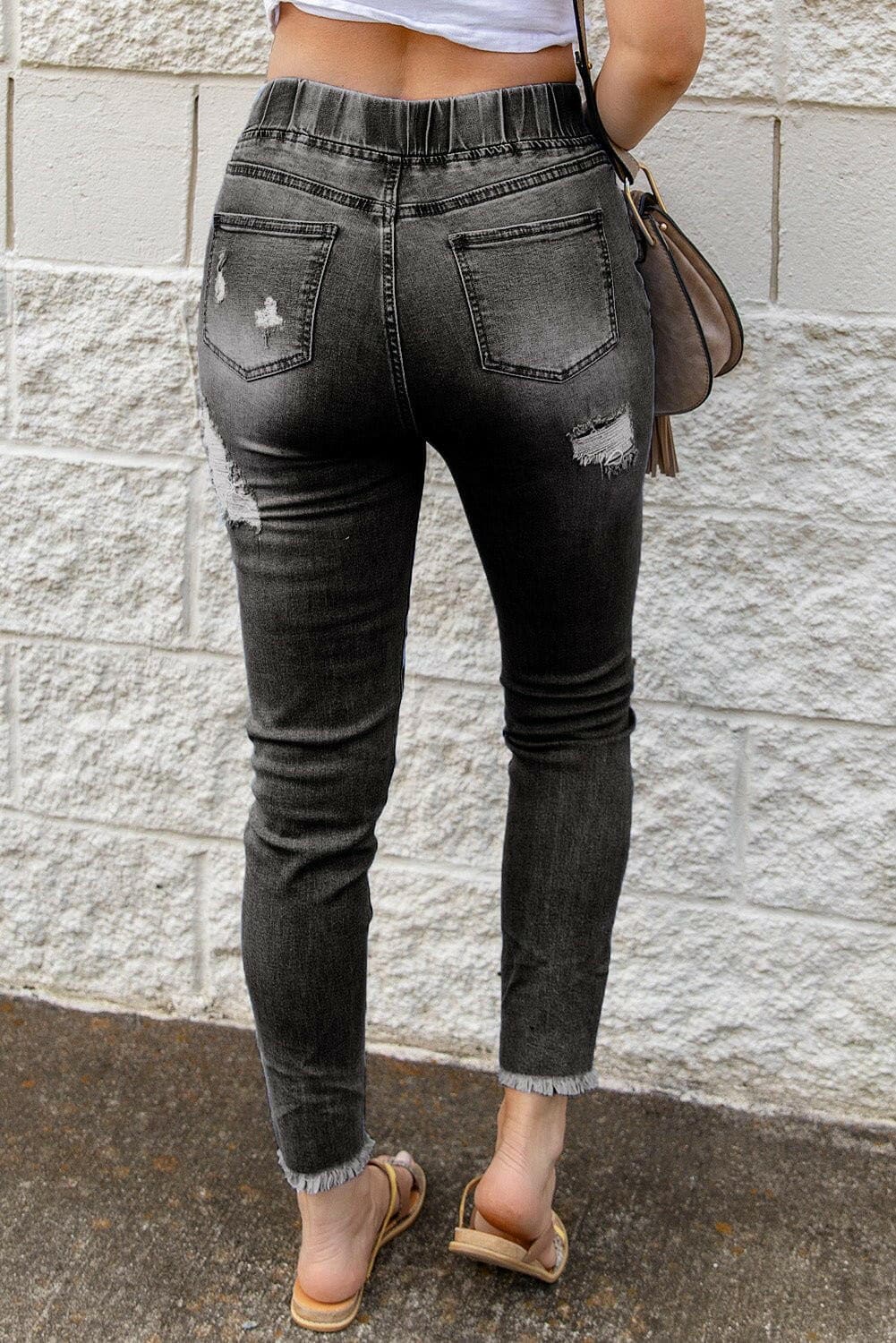 Drawstring Distressed Raw Hem Jeans with Pockets - Love Salve