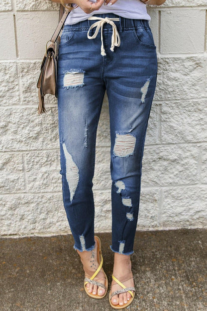 Drawstring Distressed Raw Hem Jeans with Pockets - Love Salve