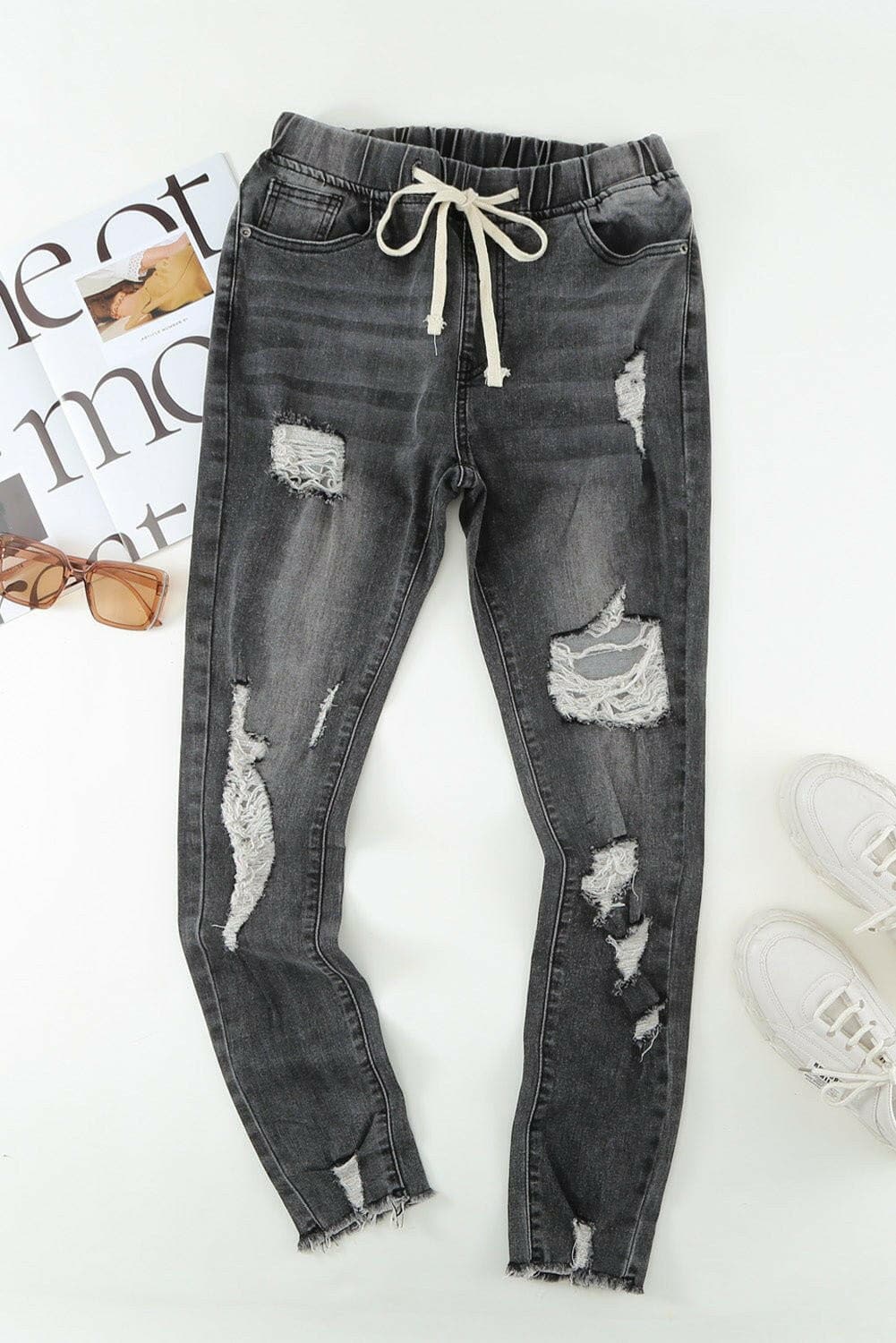 Drawstring Distressed Raw Hem Jeans with Pockets - Love Salve