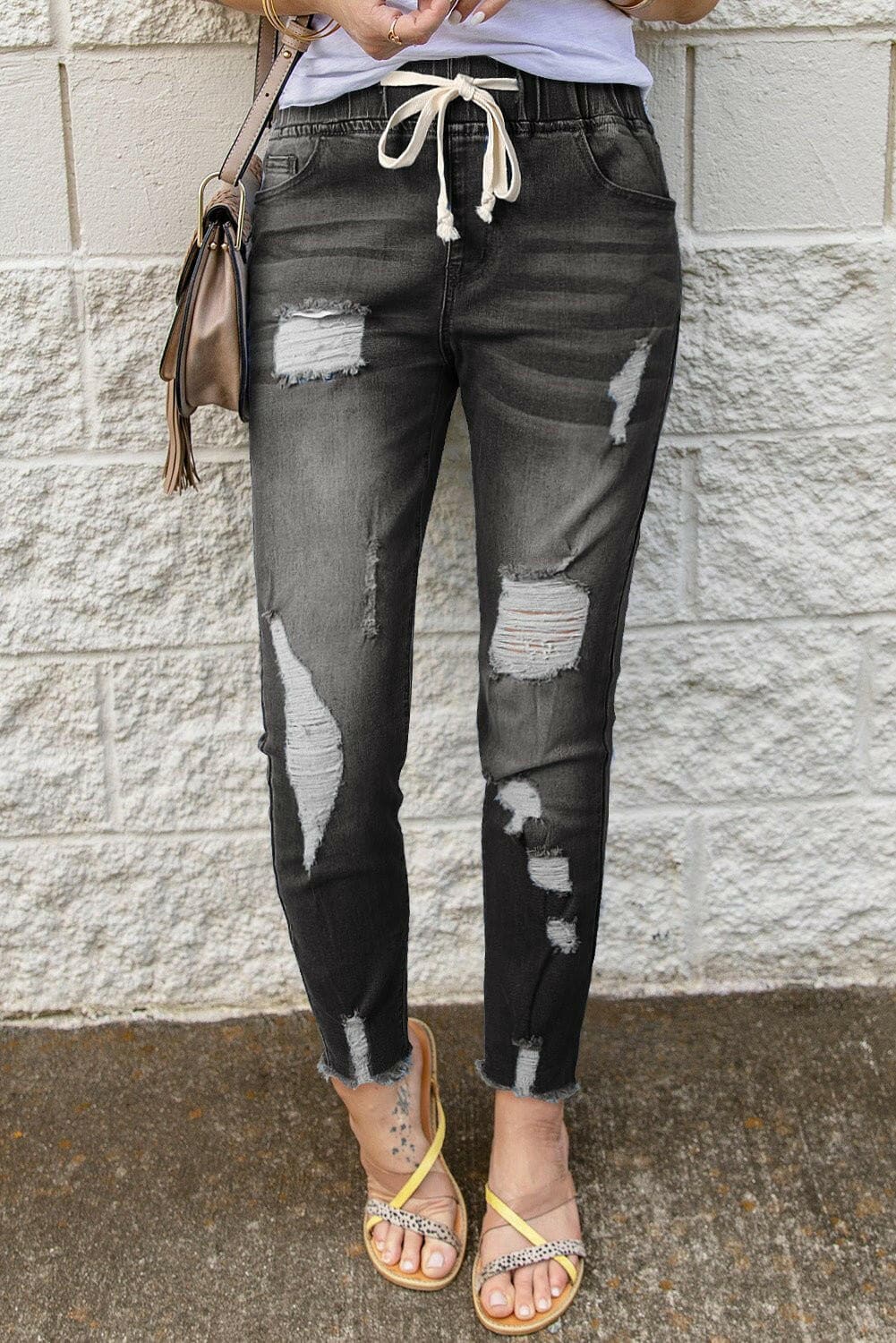 Drawstring Distressed Raw Hem Jeans with Pockets - Love Salve