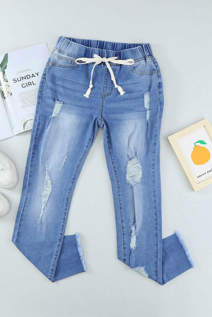 Drawstring Distressed Raw Hem Jeans with Pockets - Love Salve