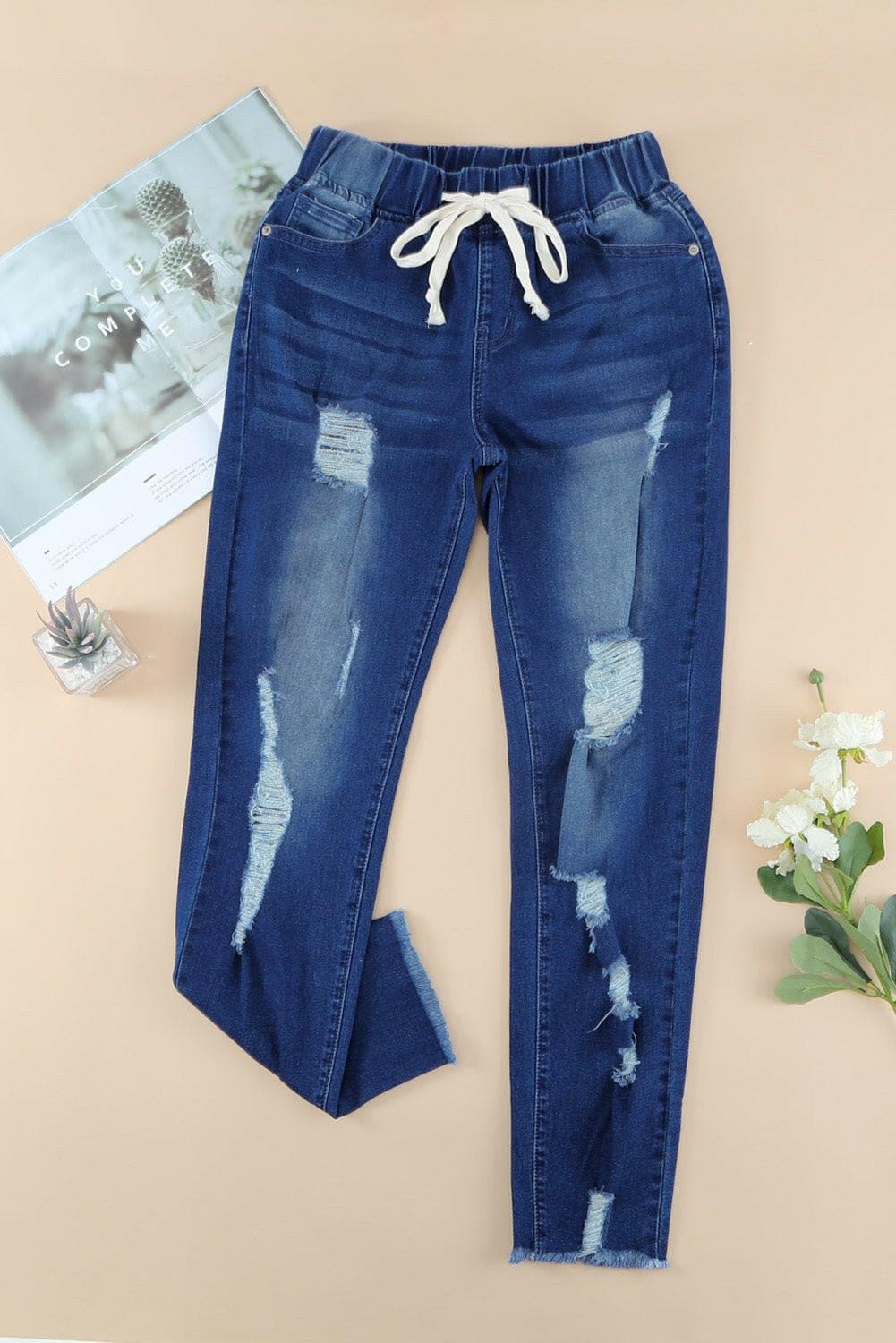 Drawstring Distressed Raw Hem Jeans with Pockets - Love Salve