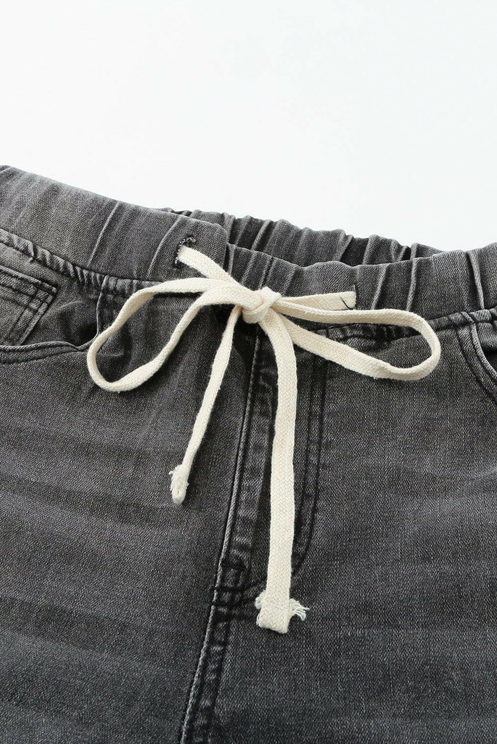 Drawstring Distressed Raw Hem Jeans with Pockets - Love Salve