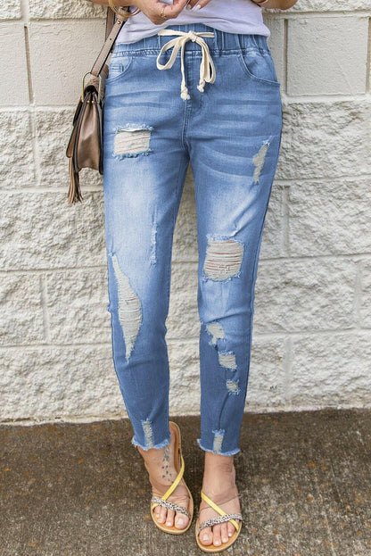 Drawstring Distressed Raw Hem Jeans with Pockets - Love Salve