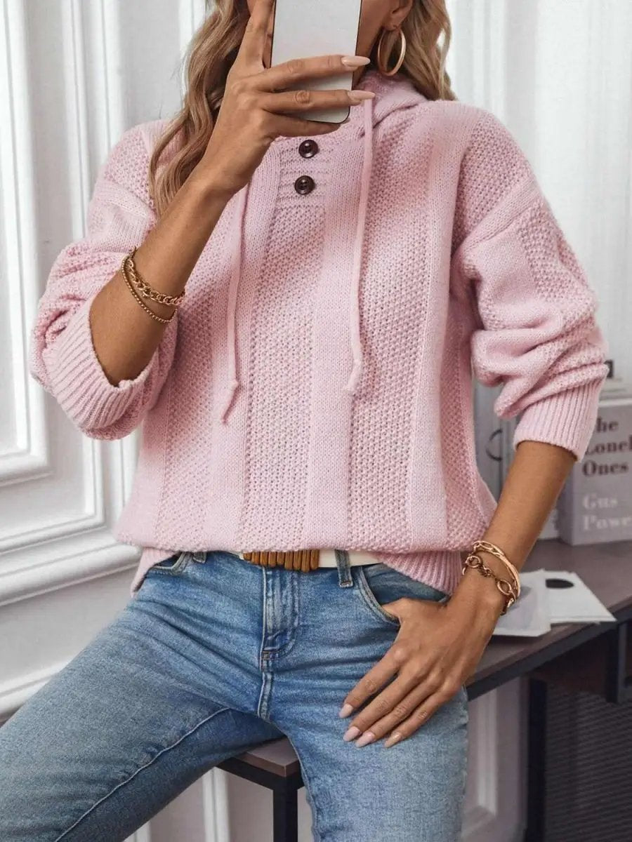 Drawstring Long Sleeve Hooded Sweater - Love Salve 