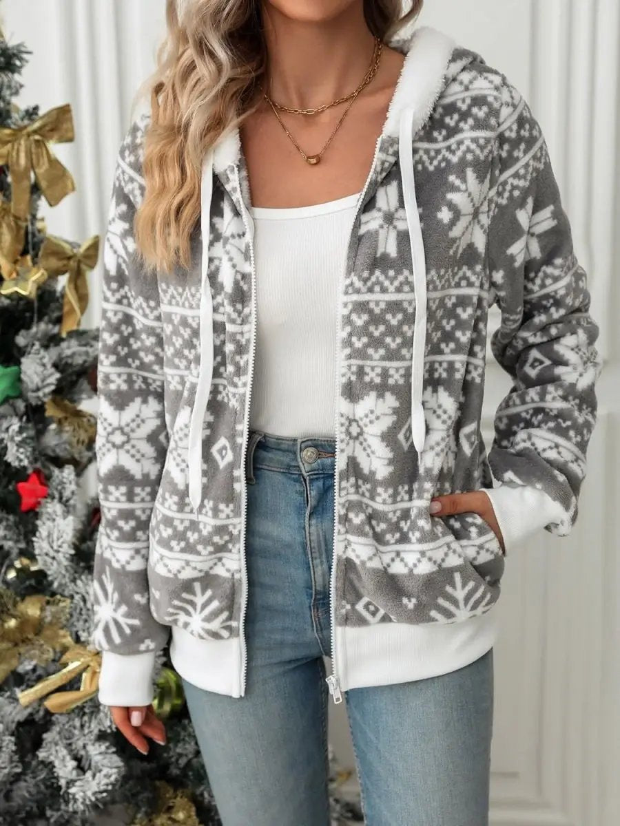 Drawstring Snowflake Zip Up Hooded Outerwear - Love Salve 