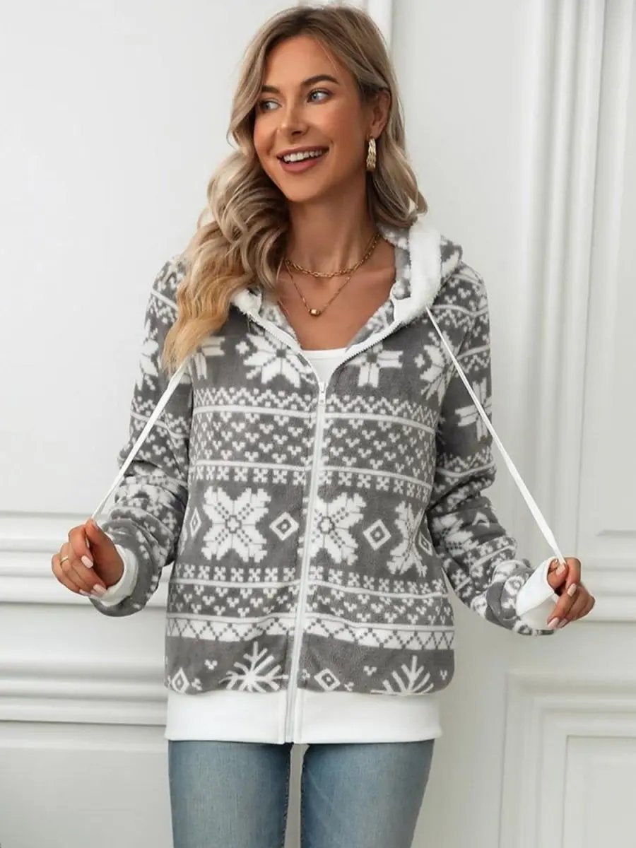 Drawstring Snowflake Zip Up Hooded Outerwear - Love Salve 