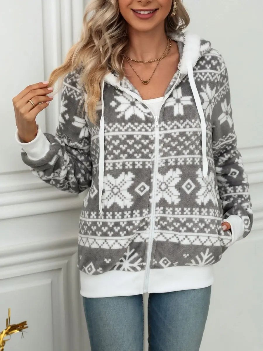 Drawstring Snowflake Zip Up Hooded Outerwear - Love Salve 