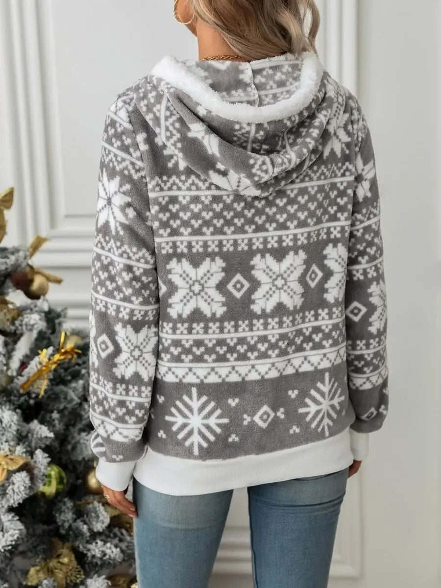 Drawstring Snowflake Zip Up Hooded Outerwear - Love Salve 