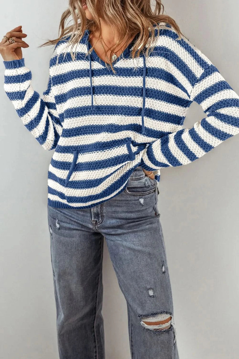 Drawstring Striped Long Sleeve Hooded Sweater - Love Salve 