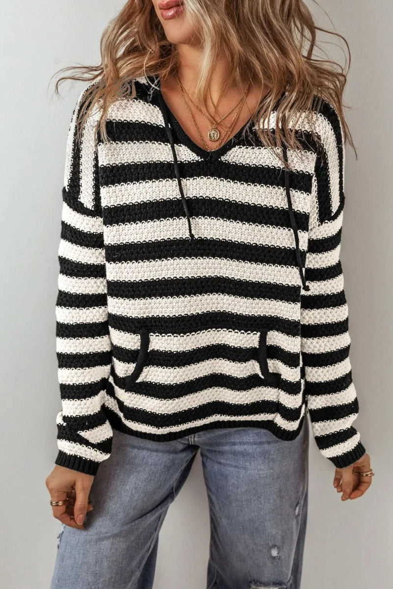 Drawstring Striped Long Sleeve Hooded Sweater - Love Salve 