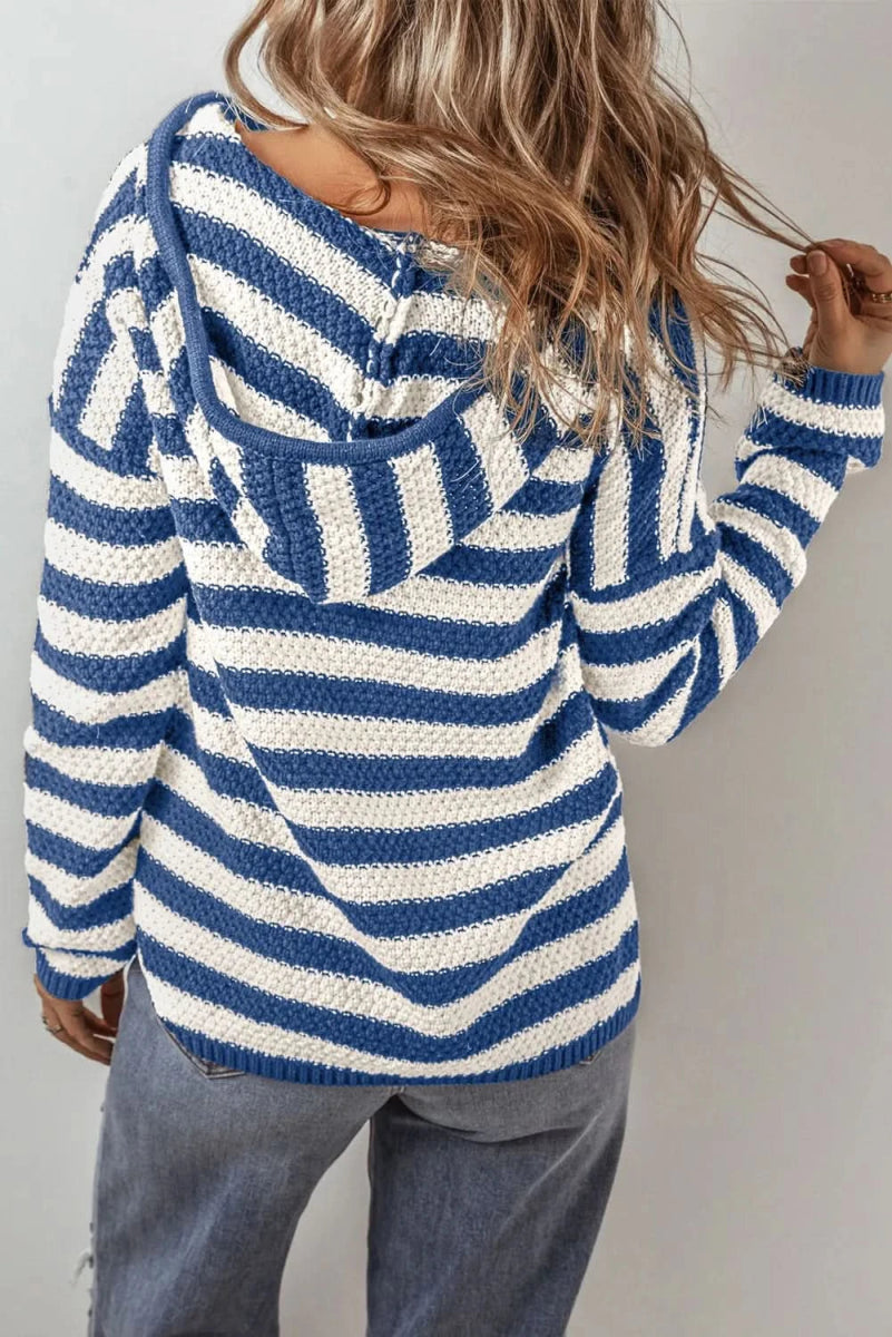 Drawstring Striped Long Sleeve Hooded Sweater - Love Salve 