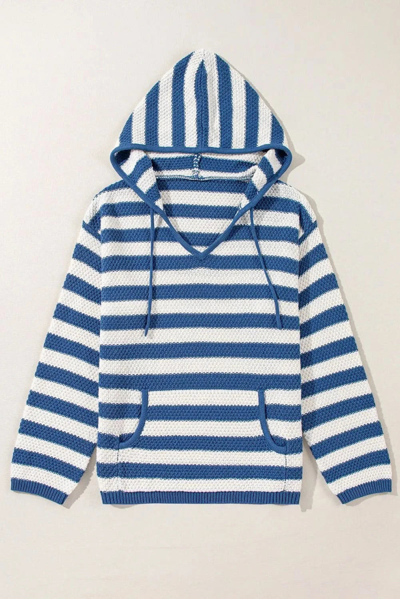 Drawstring Striped Long Sleeve Hooded Sweater - Love Salve 
