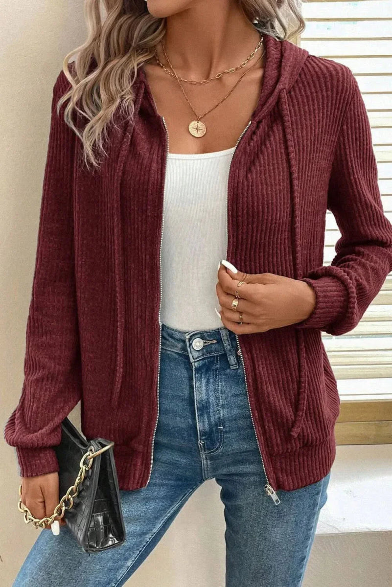 Drawstring Zip Up Long Sleeve Hooded Jacket - Love Salve 