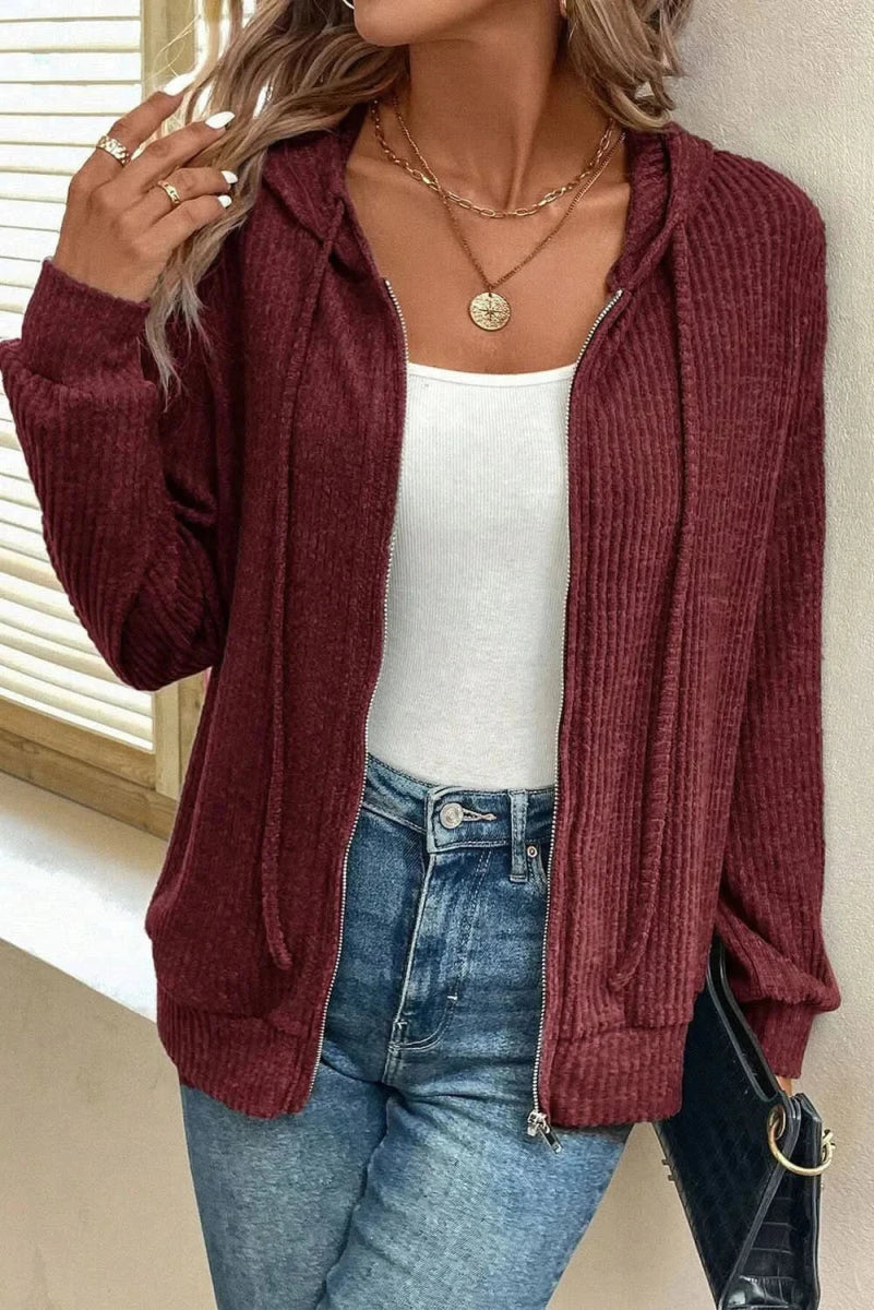 Drawstring Zip Up Long Sleeve Hooded Jacket - Love Salve 
