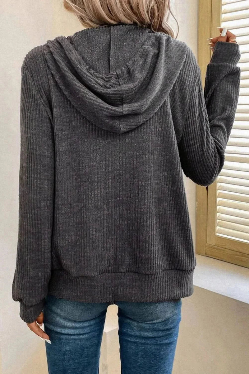 Drawstring Zip Up Long Sleeve Hooded Jacket - Love Salve 