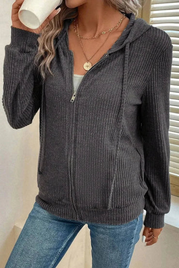 Drawstring Zip Up Long Sleeve Hooded Jacket - Love Salve 