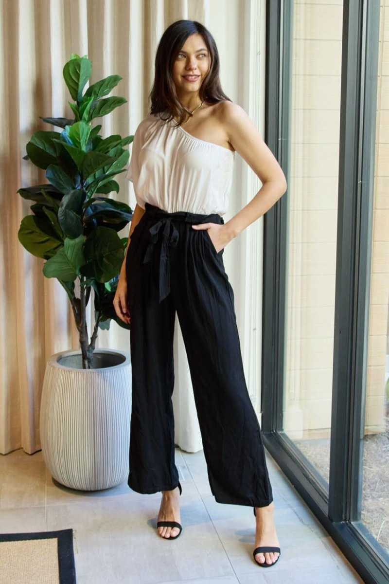 Dress Day Marvelous in Manhattan One-Shoulder Jumpsuit in White/Black - Love Salve 