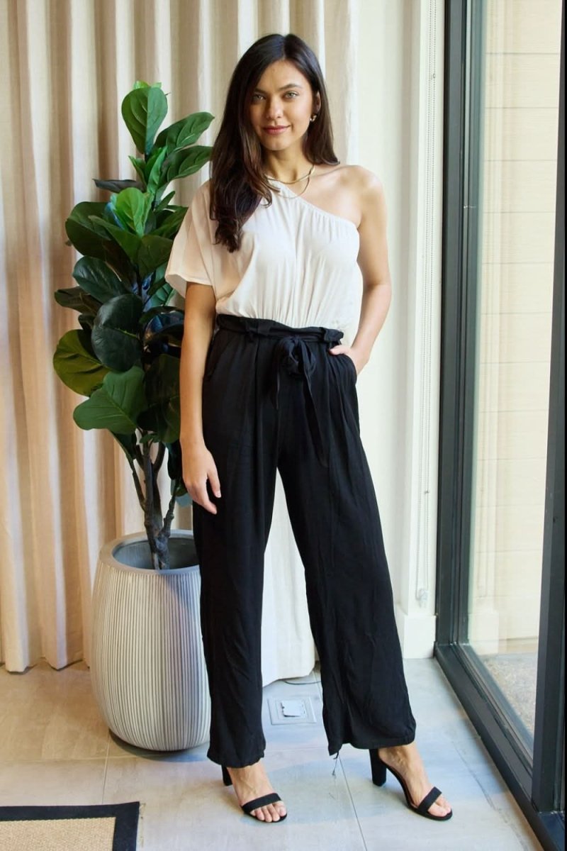 Dress Day Marvelous in Manhattan One-Shoulder Jumpsuit in White/Black - Love Salve 
