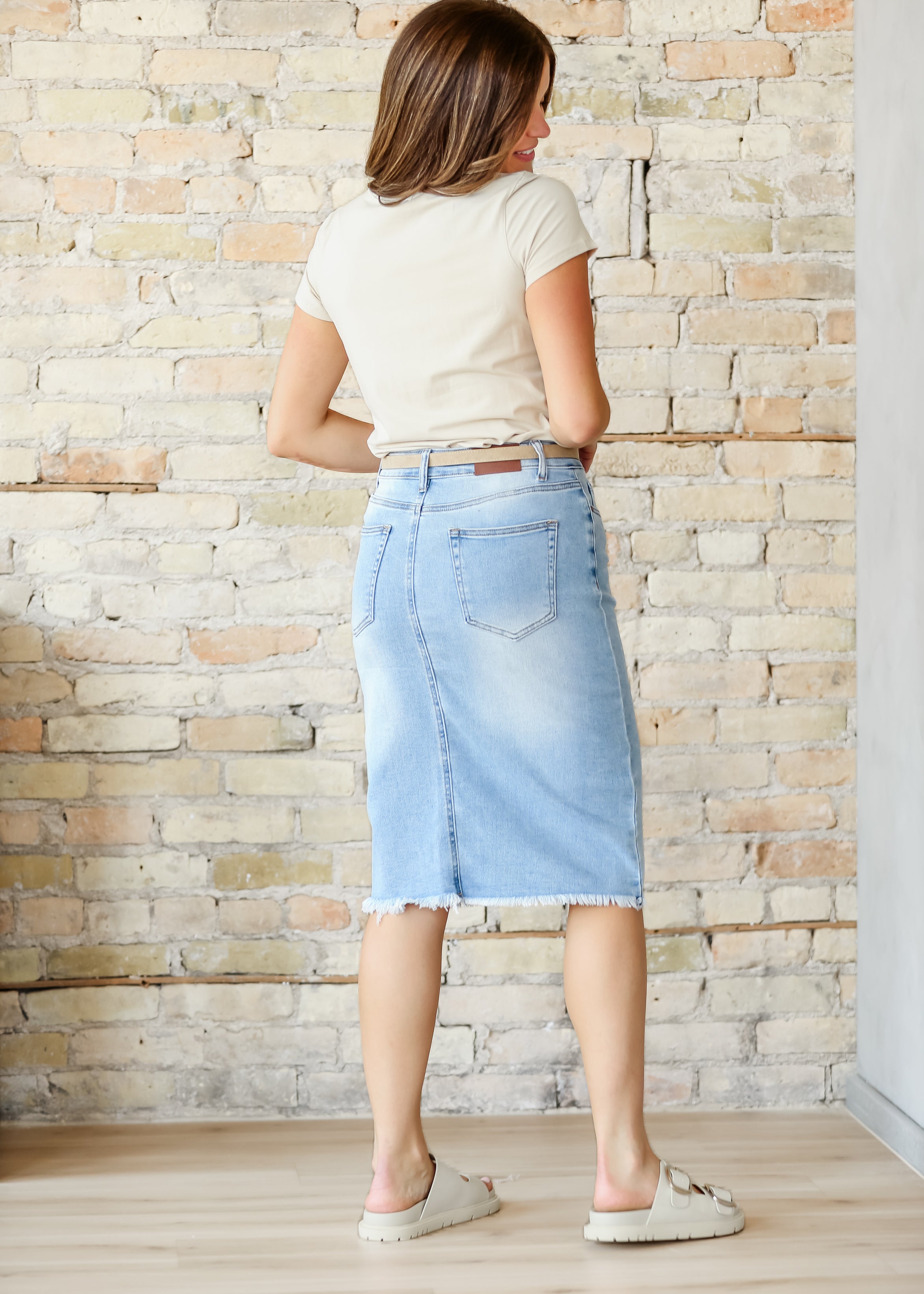 Drew Raw Hem Midi Denim Skirt Inherit Co.