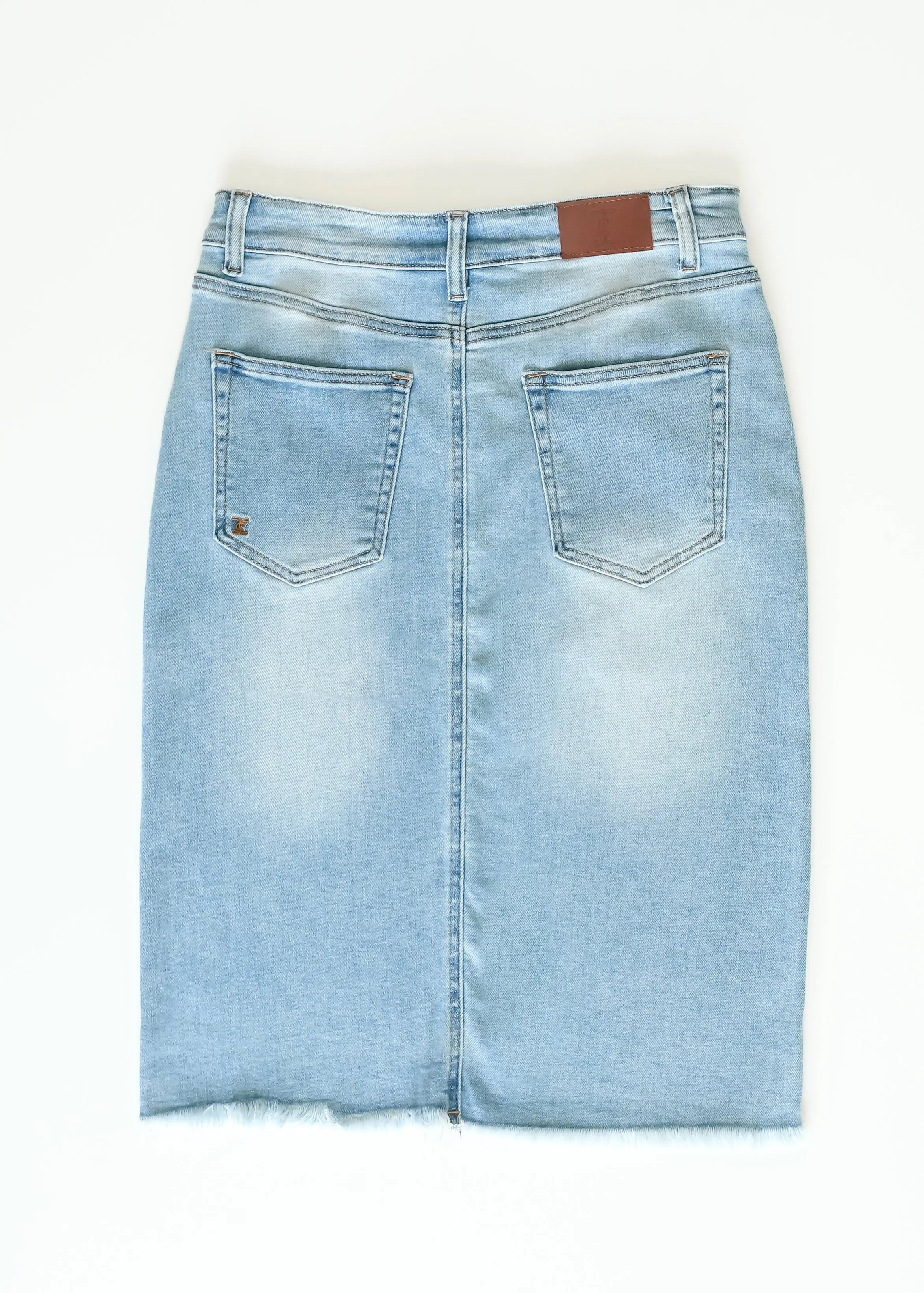 Drew Raw Hem Midi Denim Skirt Inherit Co.