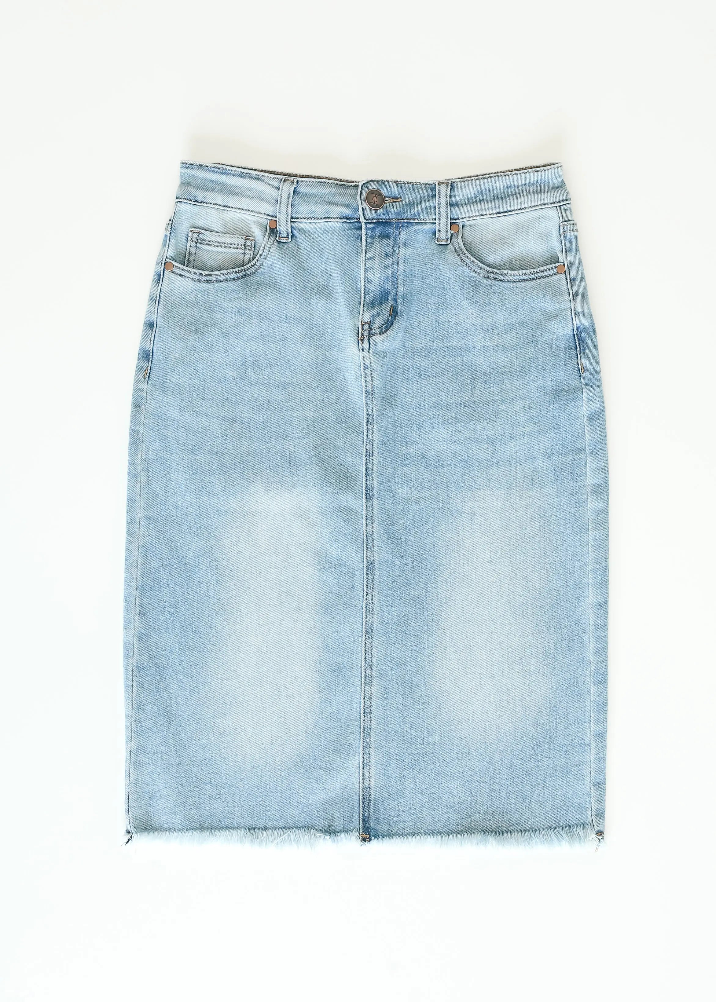 Drew Raw Hem Midi Denim Skirt Inherit Co.