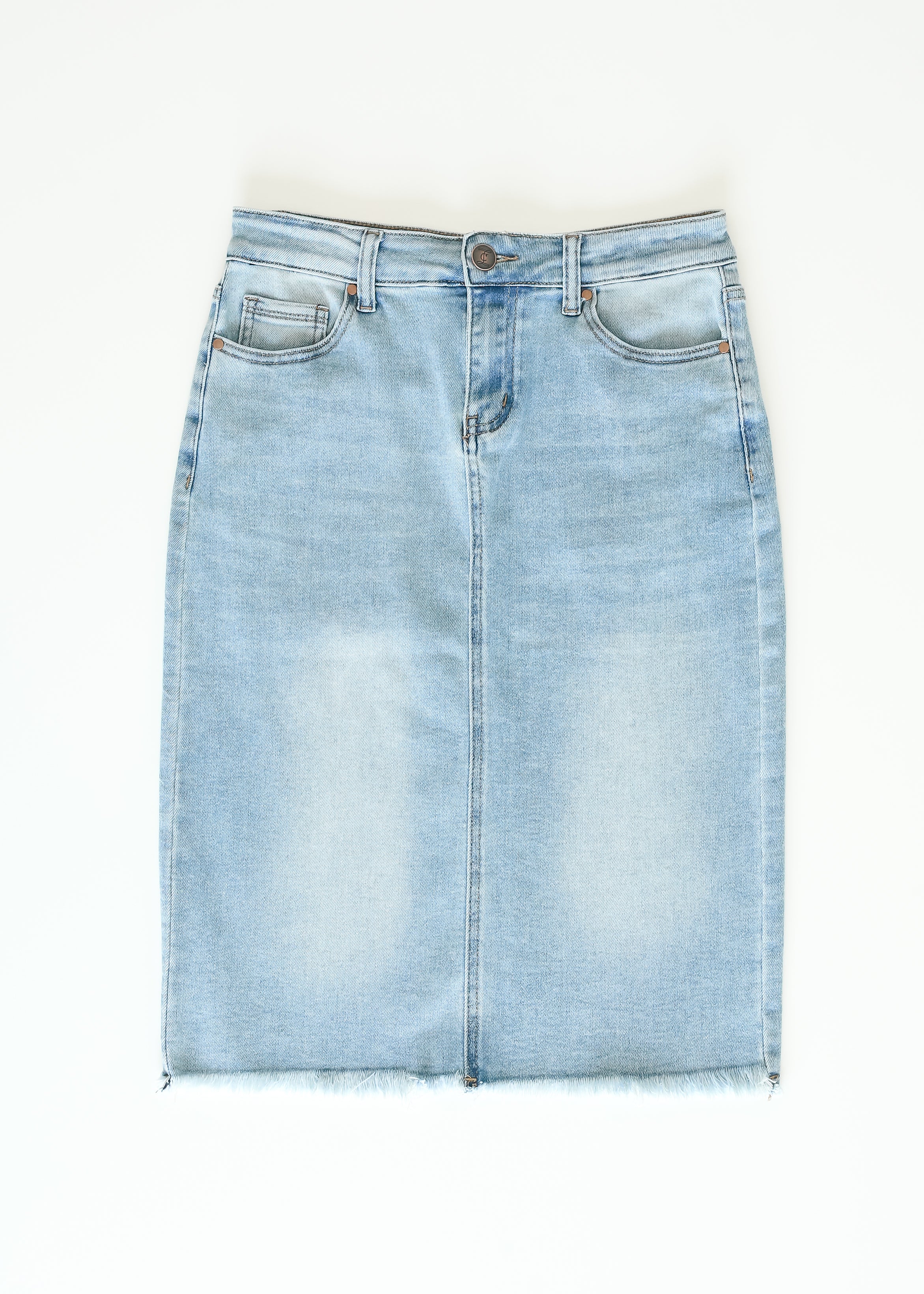 Drew Raw Hem Midi Denim Skirt Inherit Co.
