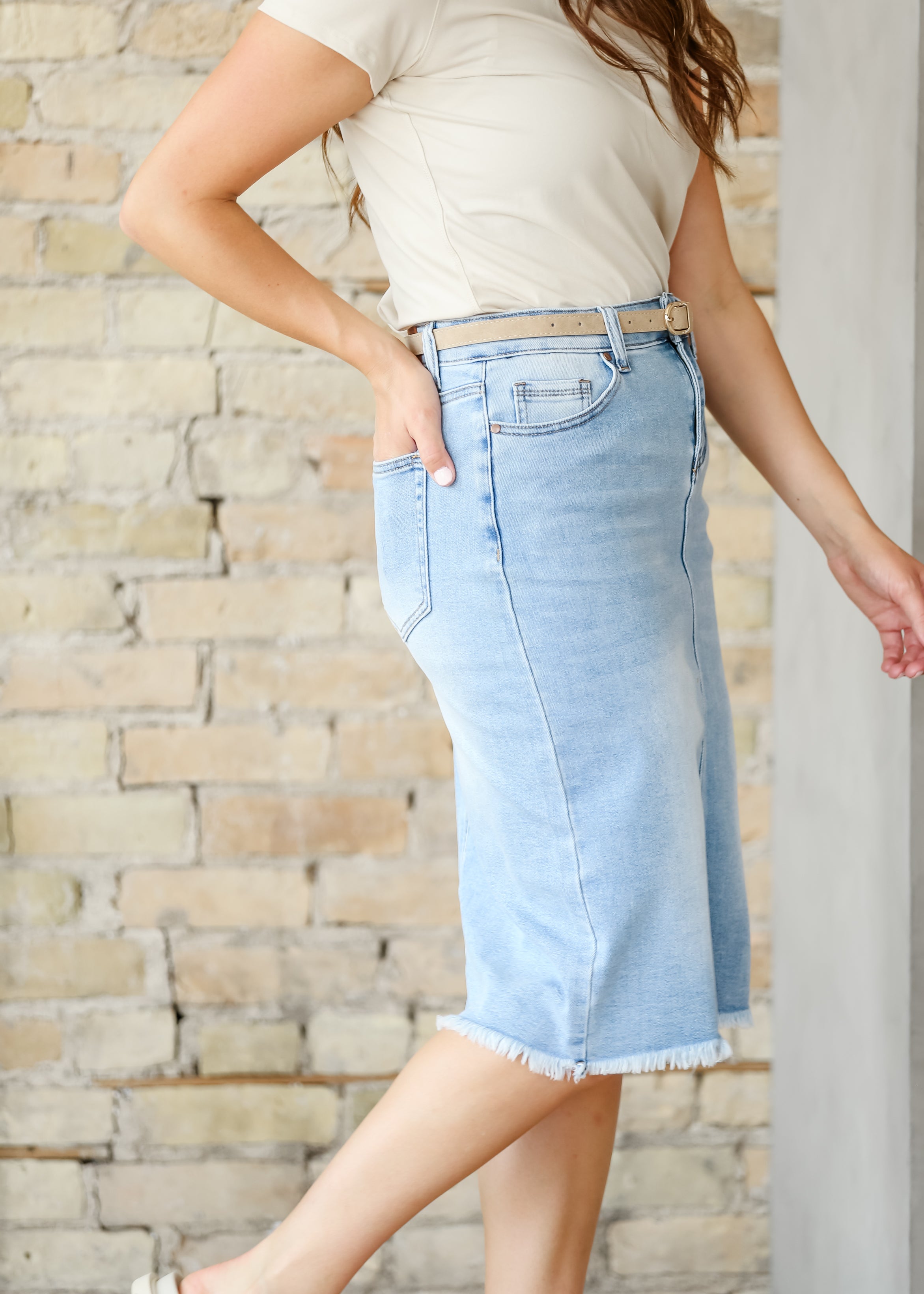Drew Raw Hem Midi Denim Skirt Inherit Co.