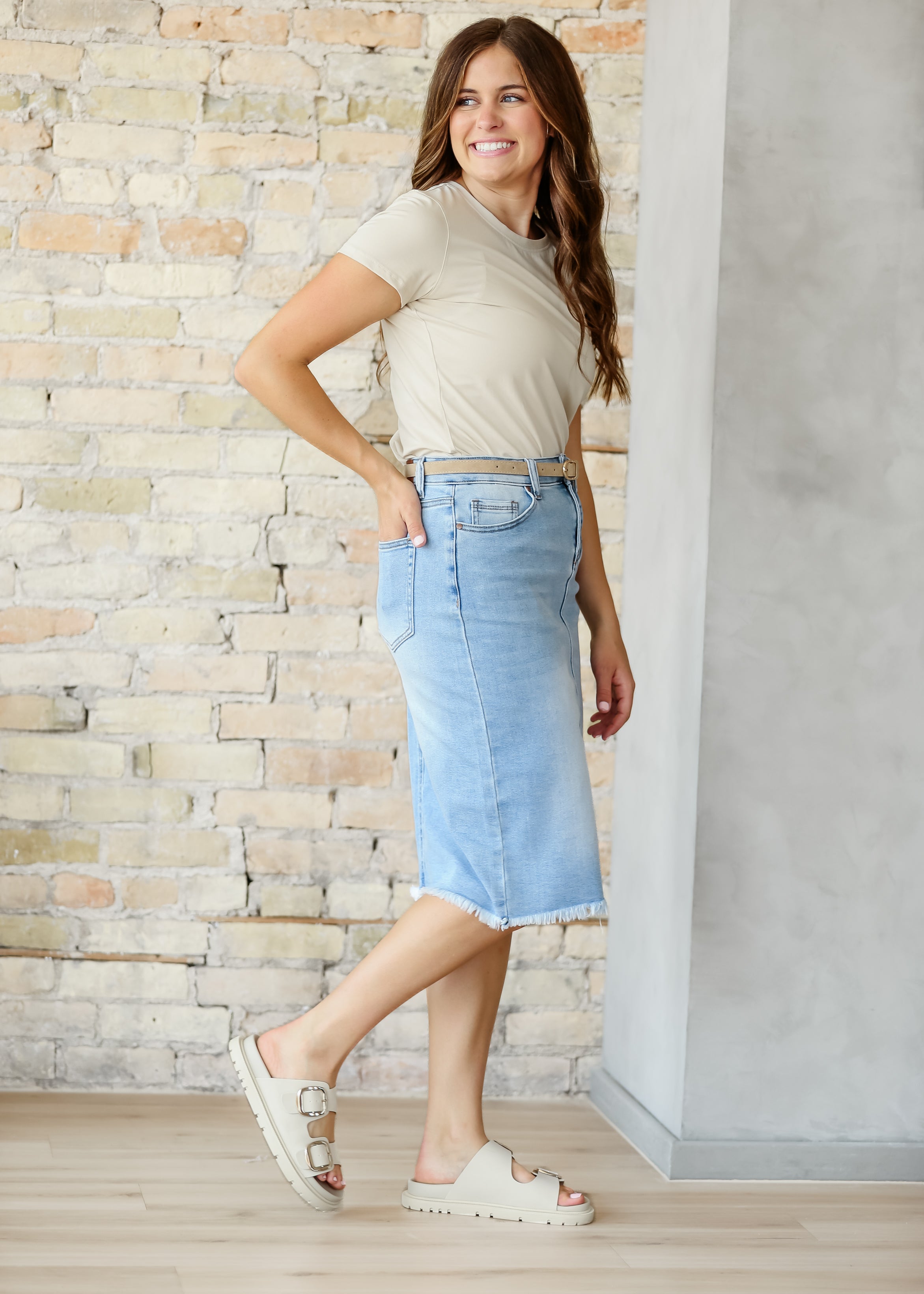 Drew Raw Hem Midi Denim Skirt Inherit Co.